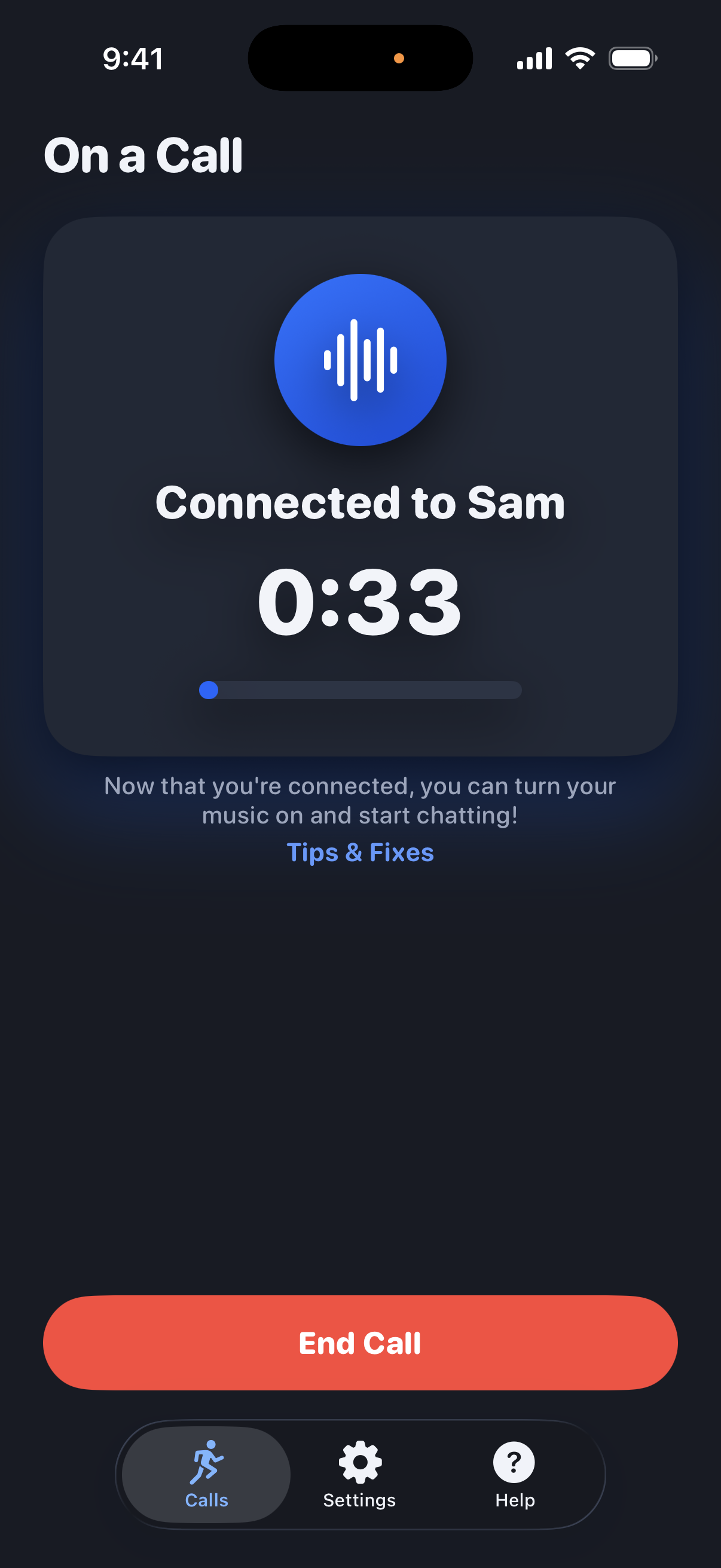RunningBuds app during a call, connected to Sam
